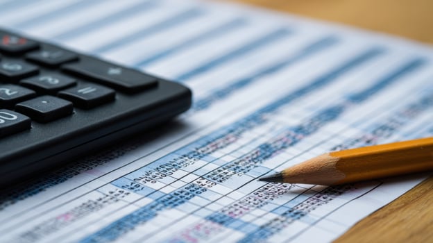 The calculator and pencil resting on a detailed financial spreadsheet photo