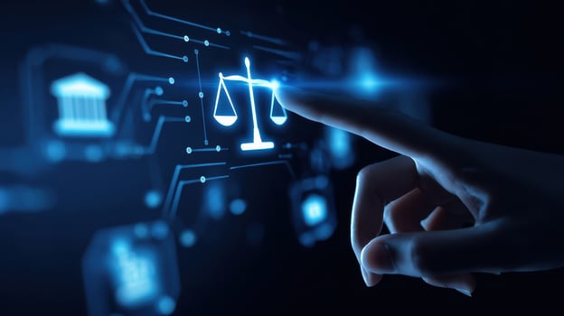 The hand interacting with a digital justice scale in a modern interface. photo