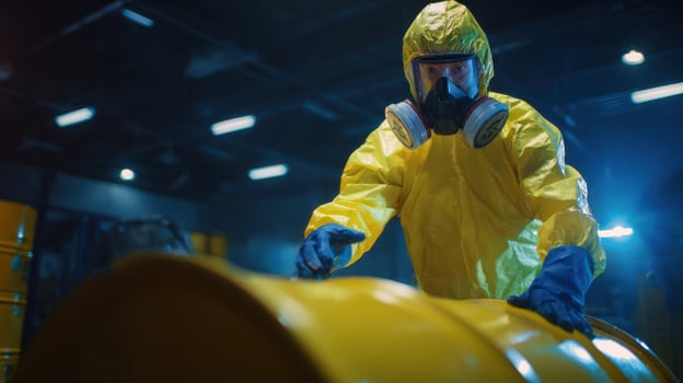 The worker in a protective suit inspecting chemical barrels in a dimly lit industrial facility. photo