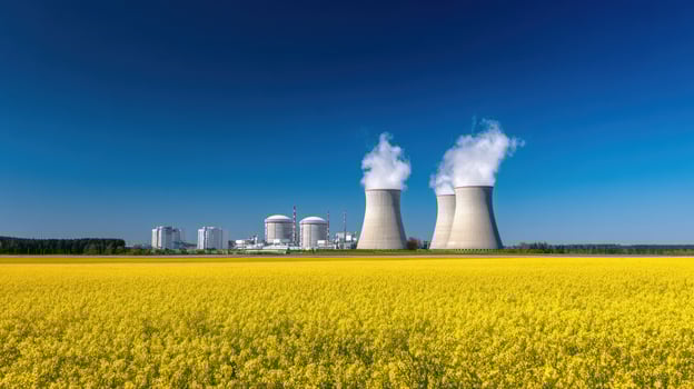 The nuclear power plant surrounded by vibrant yellow fields and blue skies. photo