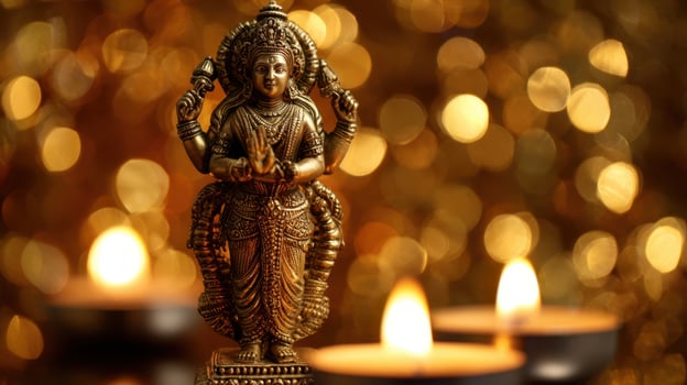 The artistic statue of a deity surrounded by glowing candles and golden bokeh lights. photo