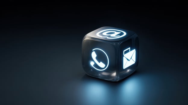 The illuminated communication cube showcasing email, phone, and social media icons. photo