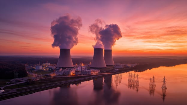 The stunning view of a nuclear power plant at sunset over the river. photo