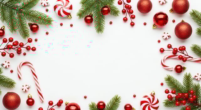 Festive Christmas border with red ornaments pine sprigs berries and candy canes photo