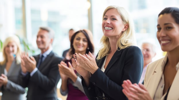 The enthusiastic audience celebrating success with joyful applause and smiles. photo