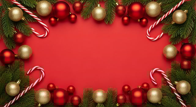 Festive Christmas border with red and gold baubles pine branches and candy canes on red background photo