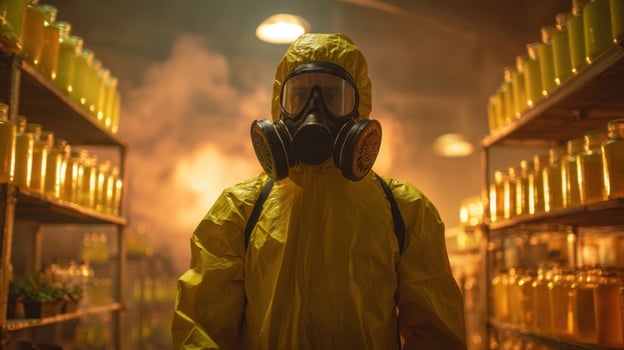 The scientist in protective gear surrounded by jars in a laboratory environment. photo