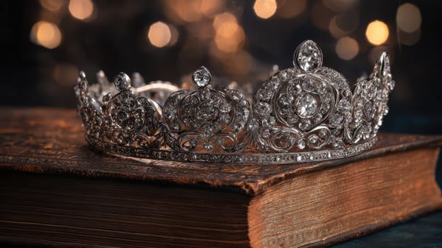 The elegant crown resting on an antique book with a softly blurred background. photo