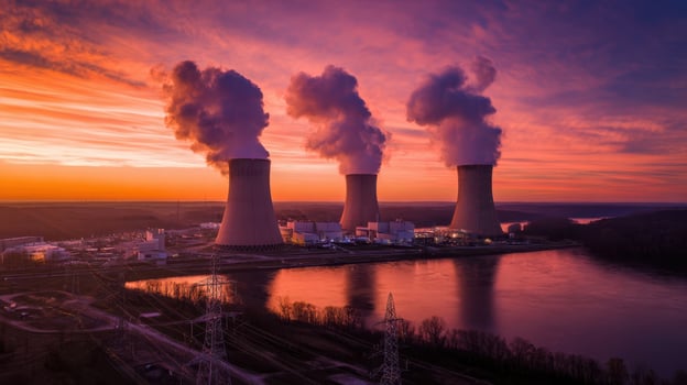 The nuclear power plant silhouetted against a vibrant sunset sky. photo