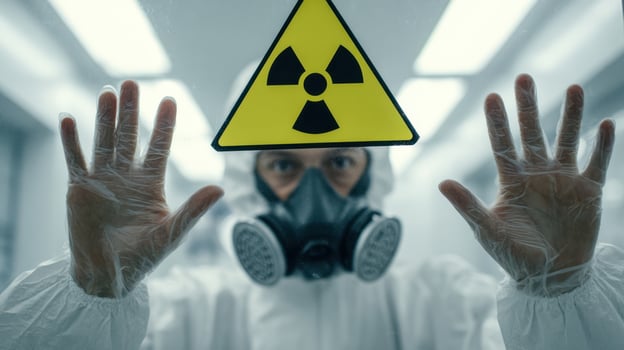 The scientist in protective gear behind a warning sign in a sterile environment. photo