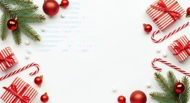 Christmas ornaments wrapped gifts candy canes and pine branches on white background photo