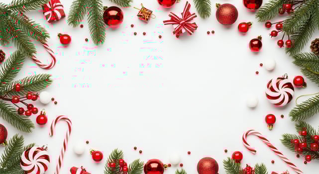 Festive Christmas decorations with pine branches baubles candy canes and berries on a white background photo