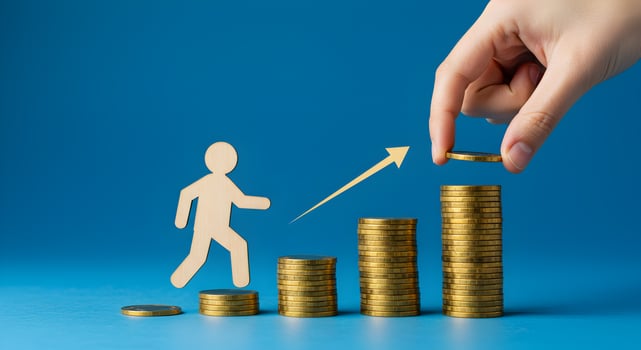 Investing in personal growth and financial success concept with money and paper cutout figure climbing steps photo