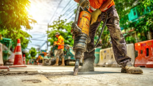 The construction worker using a pneumatic drill at an urban work site. photo