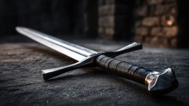 The majestic sword lying on textured stone in historical ambiance. photo