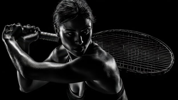 The athlete showcasing power and intensity with a tennis racket in silhouette. photo