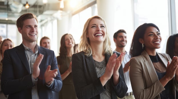 The enthusiastic crowd applauding at a corporate event celebrating success and achievement. photo