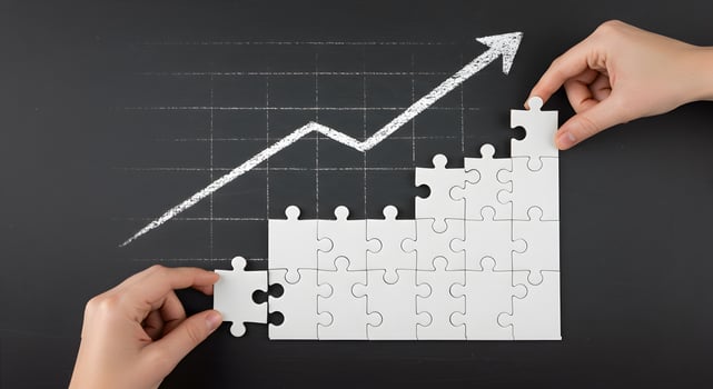 Business growth strategy concept with puzzle pieces and arrow chart showing success and achievement photo