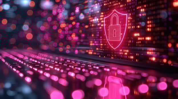 Data security protection shield on laptop computer screen photo