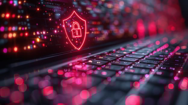 Cyber security shield icon above illuminated laptop keyboard photo