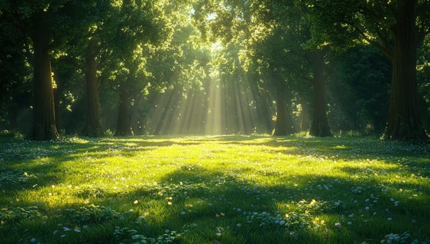 Sunlight beam through green forest landscape photo