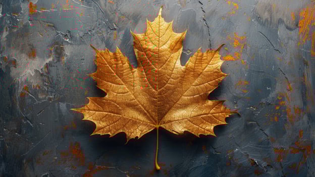 Golden maple leaf on textured background autumn season still life photo