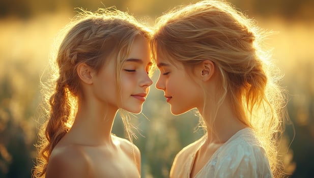 Two young girls connect in golden sunlight friendship and youth portrait photo