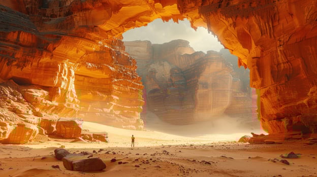 Canyon landscape with desert sandstone formations and hiker silhouette photo