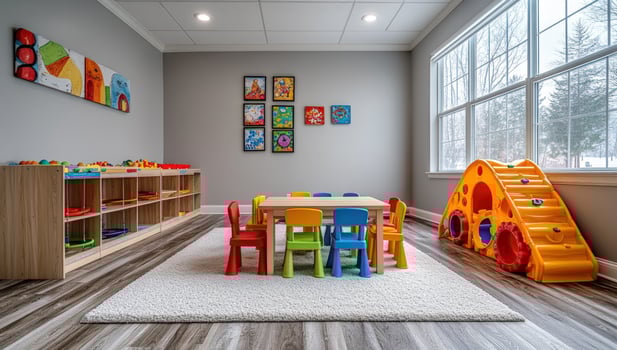 Playroom interior with colorful furniture and toys for early childhood education photo