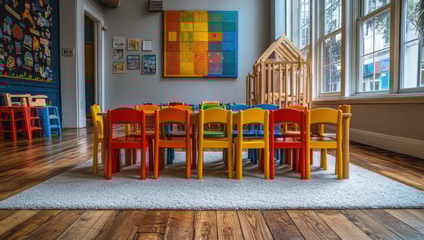 Vibrant classroom interior with colorful chairs and wooden table photo