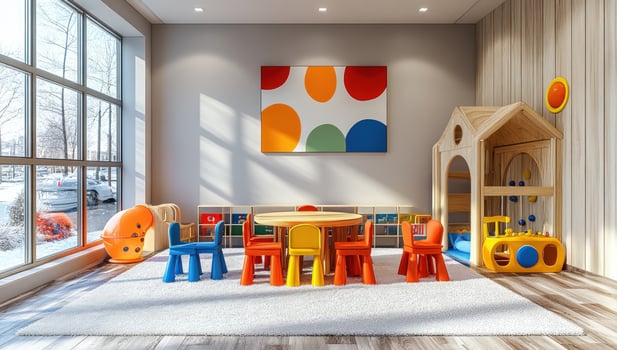 Bright and playful childrens room with colorful furniture and abstract art photo