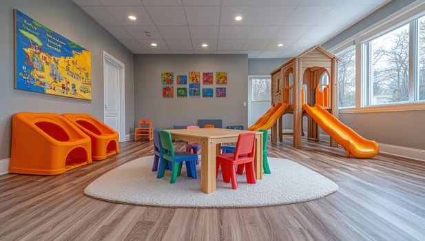 Vibrant childrens playroom with playhouse and colorful furniture for early childhood education photo