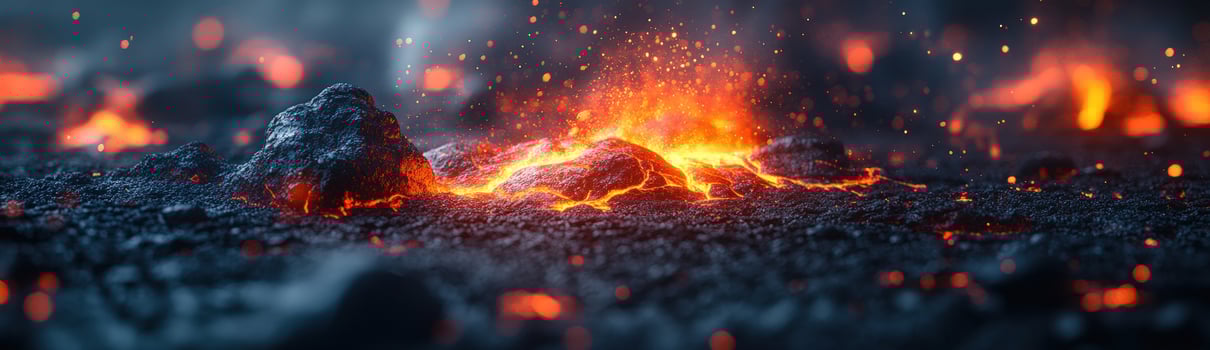 Molten lava flow on rocky ground extreme heat and natural phenomenon photo
