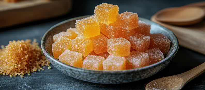 Heap of sugar coated fruit jellies in a bowl confectionery still life photo