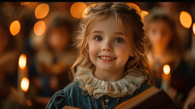 Charming girl reading book by candlelight portrait photo
