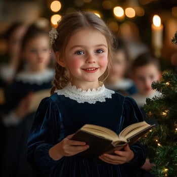 Young girl singing in choir holding open book celebration photo