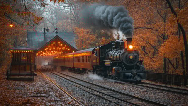 Vintage steam engine train on railway in autumn landscape photo