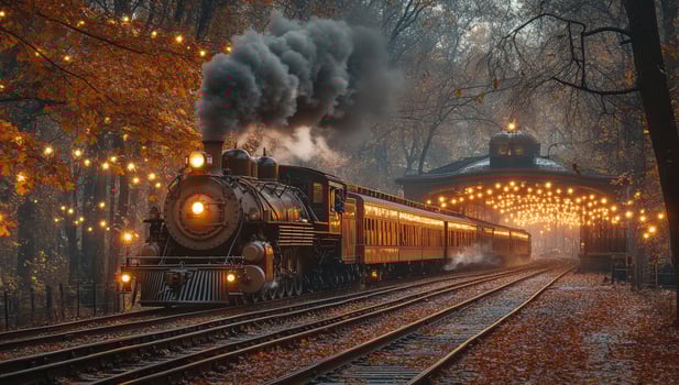 Vintage steam train journey through forest landscape photo