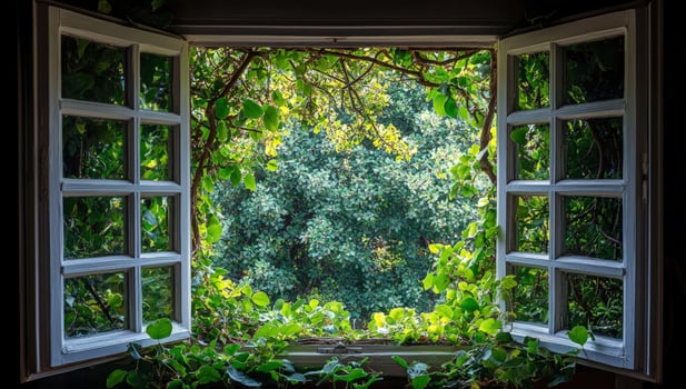 Open window to nature scenery with green forest and lush leaves photo