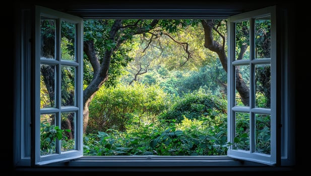 Scenic garden view through an open window frames verdant nature photo