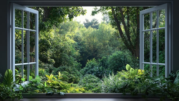 Window to nature garden view with lush greenery and natural light photo