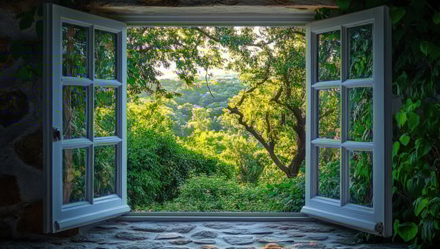 Window to nature forest landscape view with open frame photo