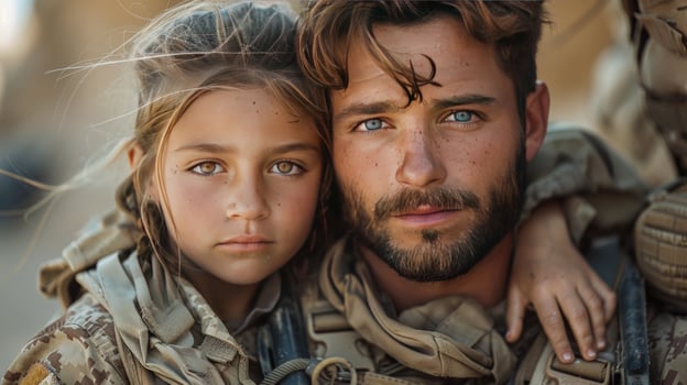 Soldier and child embrace connection duty and family portrait photo