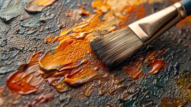 Artistic palette with brush and paint strokes close up texture photo