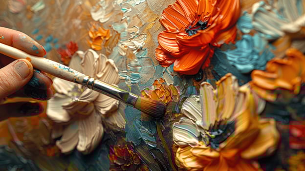 Textured oil painting with flowers and brush art and creative expression photo