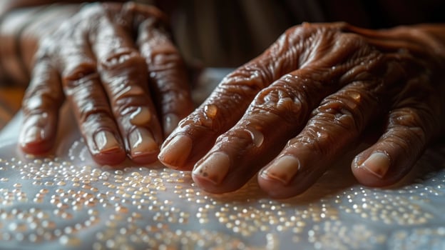 Aged hands on textured beads close up detail care and texture photo