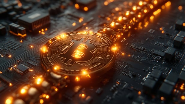 Digital currency on electronic circuit board technology innovation finance photo