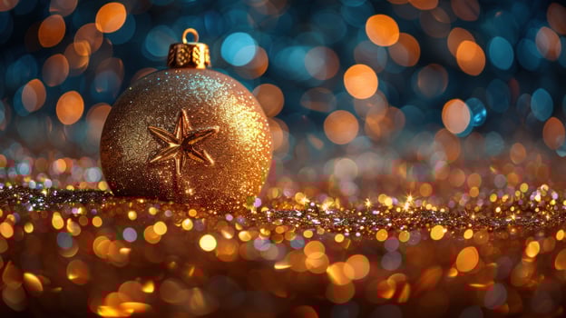 Golden christmas ornament with sparkling glitter and bokeh lights photo