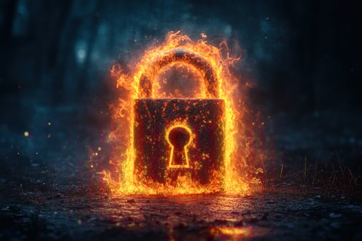 Burning padlock symbolizing cyber security threat risk and protection photo