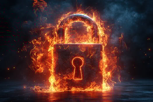Padlock engulfed in flames represents urgent security threat data breach concept photo